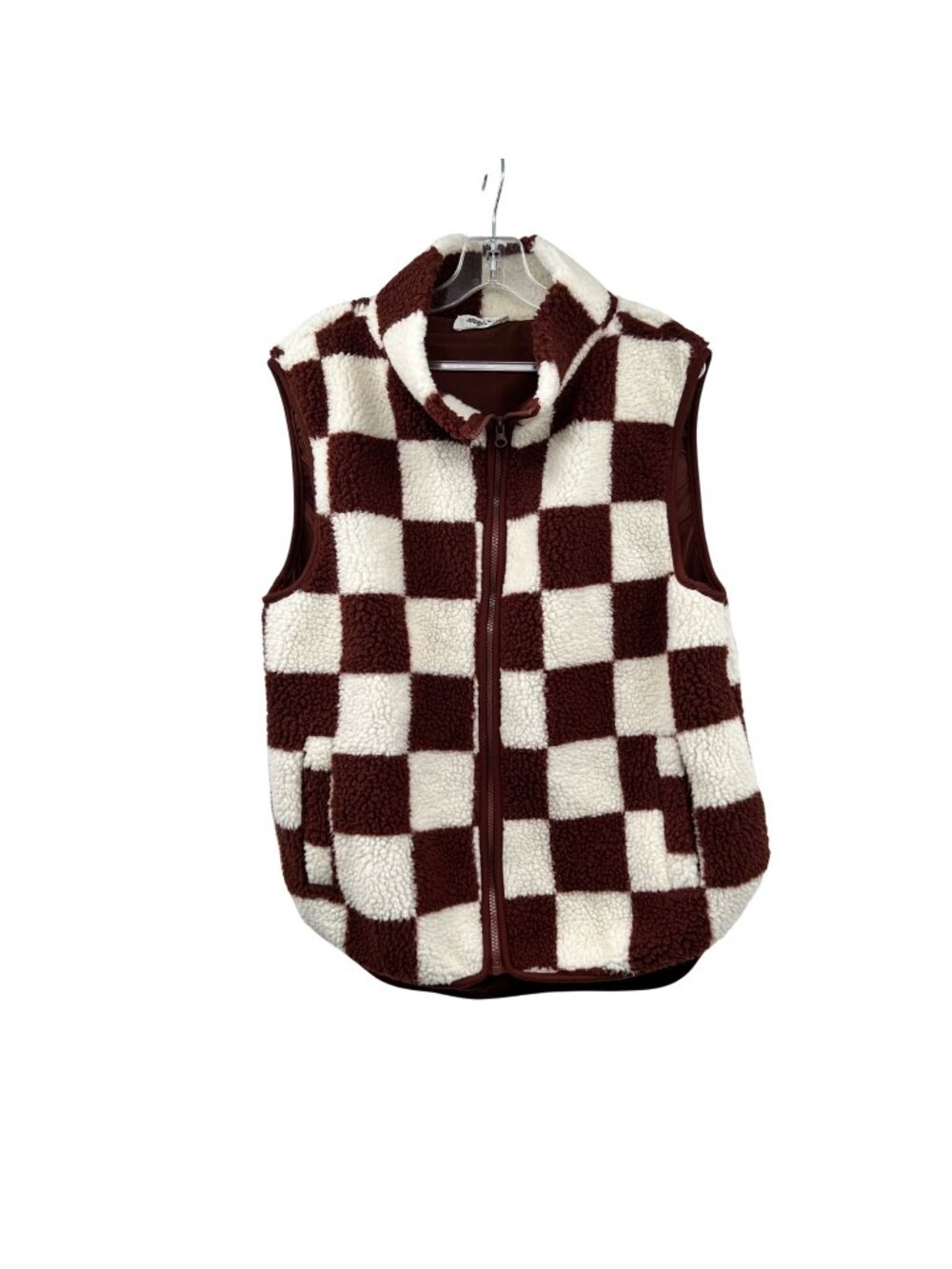 Double Zero Check Sherpa Fleece Vest Brown/White Full Zip Size Medium Pockets
